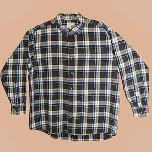 Brown Blue Plaid Collared Long Sleeve Shirt Size XL Fall Button Down Evening Top